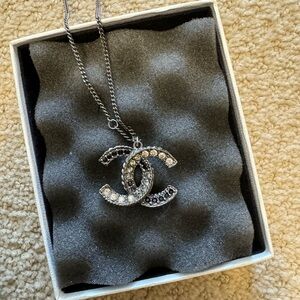 CHANEL Silver-Tone Crystal CC Pendant Necklace